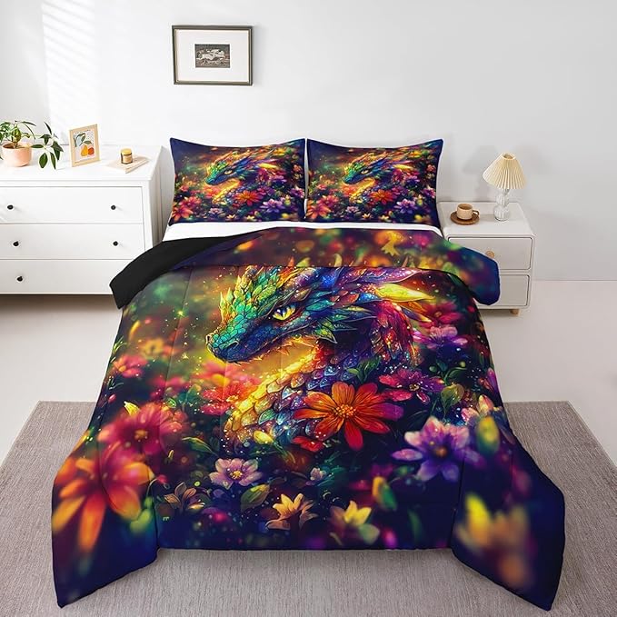 Feelyou Dragon Comforter Set Full Size Shiny Dragon Comforter for Boys Girls Teens Wild Life Bedding Set Dragon Decor Duvet Set Room Decor Muticolor Quilt Set