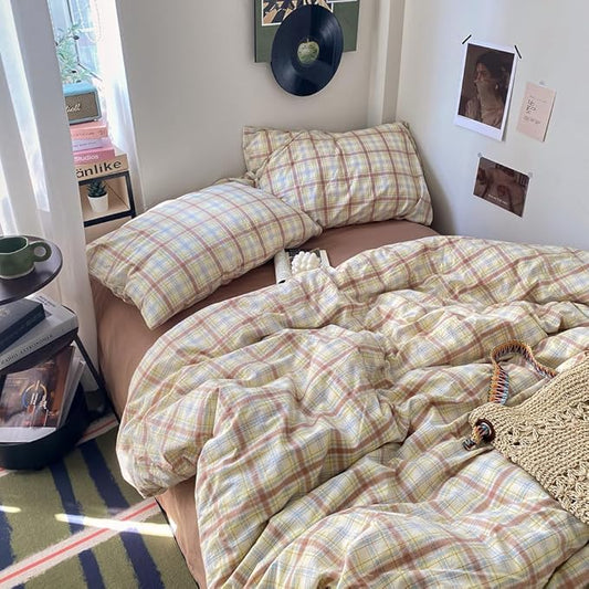 EAVD Vintage Style Buffalo Plaid Duvet Cover Set Twin Soft 100% Washed Cotton Chic Blue&Yellow&Brown Grid Plaid Bedding Set with 2 Pillowcases Farmhouse Gingham Duvet Cover with Zipper