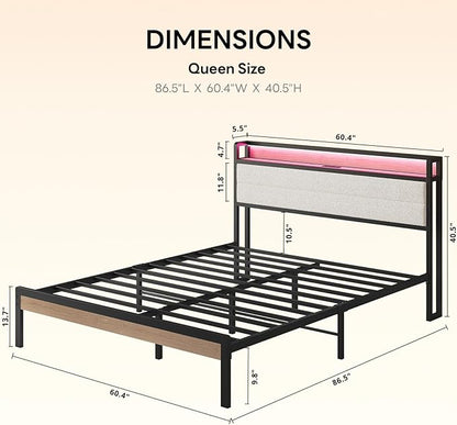 LIKIMIO Queen Bed Frame with Storage Headboard and LED Lights, Metal Platform Bed with Charging Station, Noise Free, No Box Spring Needed, Under Bed Storage, Natural and Cream