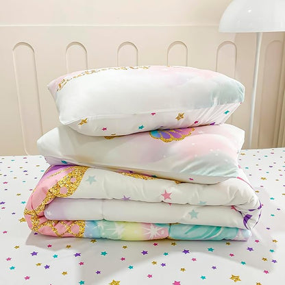 Cokouchyi Twin Size Comforter Set for Girls, 5-Piece Bed in a Bag, 3D Colorful Butterfly Bedding Comforter Sheet Set, Ultra Soft and Fluffy, Pink & Rainbow Color