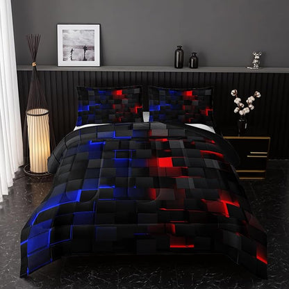 Red and Blue Checkered Comforter Set King Honeycomb Bedding Sets 3PCS for Kids Teen Adult Boy Room Decor Ultra-Soft Lightweight Microfiber 1 Comforter with 2 Pillowcases