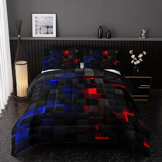 Red and Blue Checkered Comforter Set King Honeycomb Bedding Sets 3PCS for Kids Teen Adult Boy Room Decor Ultra-Soft Lightweight Microfiber 1 Comforter with 2 Pillowcases