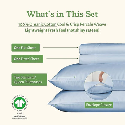 California Design Den Full Size Bed Sheets Set - Soft 100% Organic Cotton Sheets, Crisp and Cool Percale, Deep Pockets with Anti-Skid Elastic, Breathable and Durable Bedding Set - Light Blue