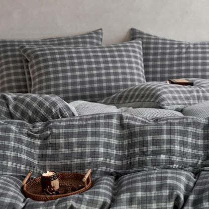 EAVD Vintage Style Grey Plaid Gingham Duvet Cover Full Soft 100% Cotton Muslin Grey Grid Checkered Bedding Set with 2 Pillowcases Reversible Plaid Duvet Cover with Zipper Closure