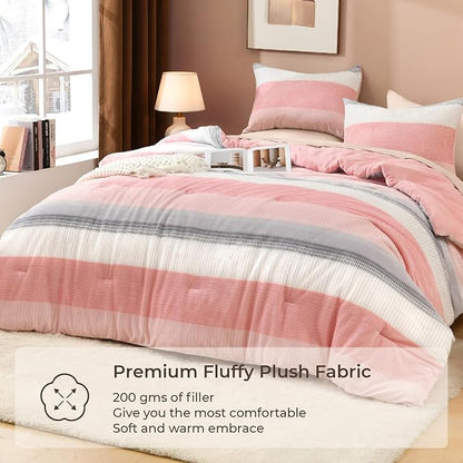 Litanika Fluffy Fleece Full Size Comforter Set, Luxury Soft Plush Fuzzy Blush Stripe Bedding Comforter Sets, Warm Shaggy Faux Fur Bed Set All Season (1 Comforter, 2 Pillowcases)