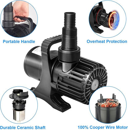 1800 GPH 100W IPX8 Submersible Small Pond Waterfall Pump | 32.8FT long power cord, smart quiet fountain pump for Koi fish, garden yard patio duck outdoor, with barrier filter bag