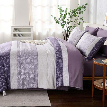Dinjoy Purple King Size Comforter Set,Striped Boho Bed in a Bag King 7 Pieces Soft Microfiber Warm Fall Bedding Comforters Sets Modern Complete Bed Set for Women All Season