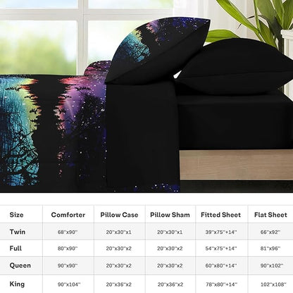 Nesker Comforter Set Full Size, Starry Woodland Fantasy 7 Pcs Bedding for Kids and Adults, Purple Lake Moonlight Bed Sheet Sets with Fitted Sheet 2 Pillowcases & 2 Shams