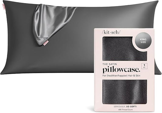 Kitsch Satin Pillowcase with Zipper for Hair & Skin - Softer Than Silk Pillow Cases, Smooth Cooling Satin Pillow Case, Wrinkle-Free, Machine Washable - King Size Satin Pillow Case (19x36) - Charcoal