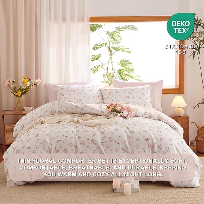 Floral Comforter Set Full Size - 3 Pieces Pink White Floral Comforter Bedding Sets Reversible Pattern,Full Bed in a Bag with Flowers Comforter and 2 Pillowcases