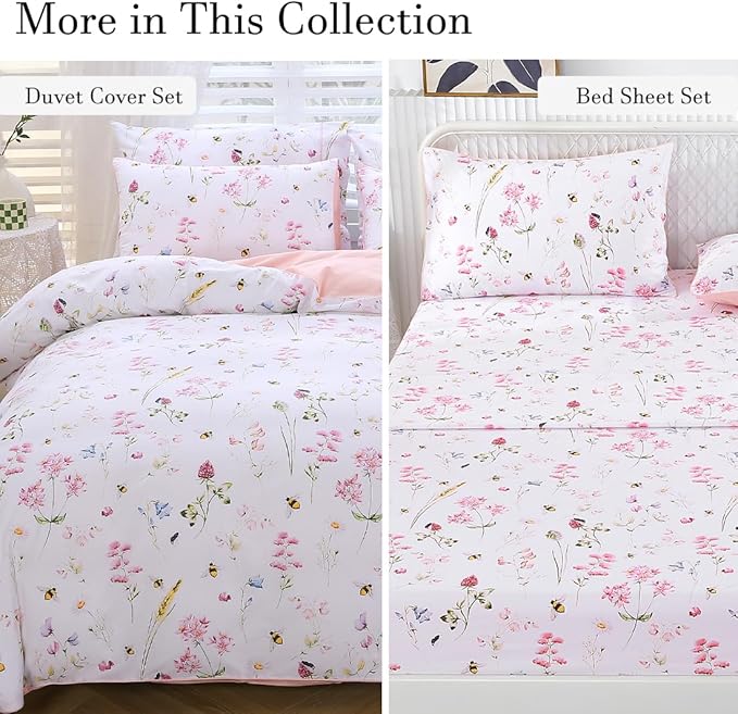 WINLIFE 100% Cotton Pillowcases Standard Size Pink Floral Bees Printed Pillow Cover 2 Pack, Super Soft Envelope Closure Pillow Case (Standard, 20"x26")
