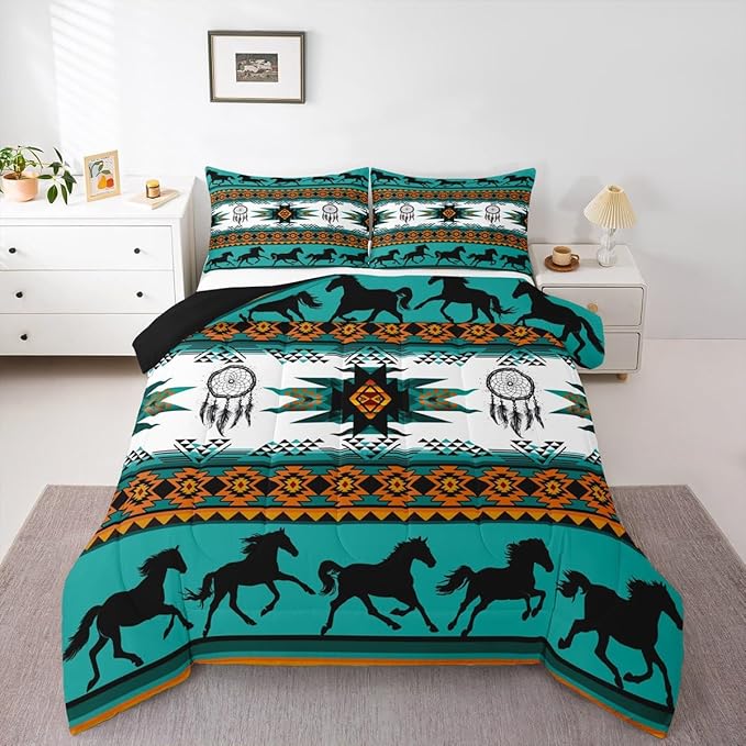 Feelyou Boho Comforter Set Full Size Southwestern Native Aztec Comforter Bohemian Dream Catchers Bedding Set Horses Duvet Set Room Decor Azure Quilt Set