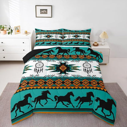 Feelyou Boho Comforter Set King Size Southwestern Native Aztec Comforter Bohemian Dream Catchers Bedding Set Horses Duvet Set Room Decor Azure Quilt Set