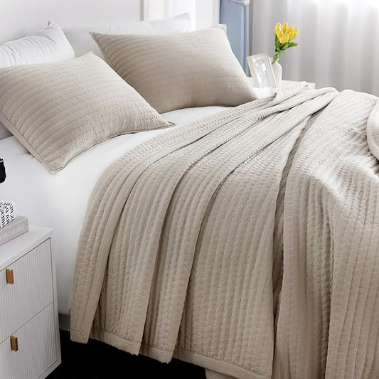 Twin Quilt Set – 68"x86" Soft Washed 3-Layer Lightweight Bedspread with Multi-Lock Quilting, Minimalist Nordic Bedding, All-Season Quilt for Spring, Summer & Fall (1 Quilt + 2 Pillow Shams),Oatmeal