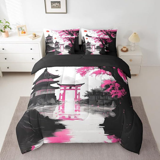 Erosebridal Japanese King Comforter Set 7 Piece Sun Cherry Blossom Bedding Set for Teen Girls Women Watercolor Pink Black Mountain Sakura Floral Bed in A Bag Asian Chinese Ink Anime Sheet Set