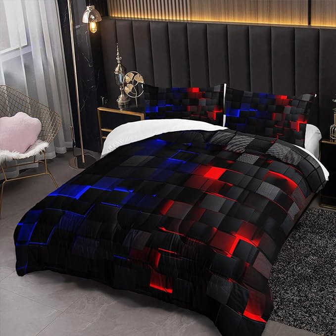 Red and Blue Checkered Comforter Set Full Honeycomb Bedding Sets 3PCS for Kids Teen Adult Boy Room Decor Ultra-Soft Lightweight Microfiber 1 Comforter with 2 Pillowcases
