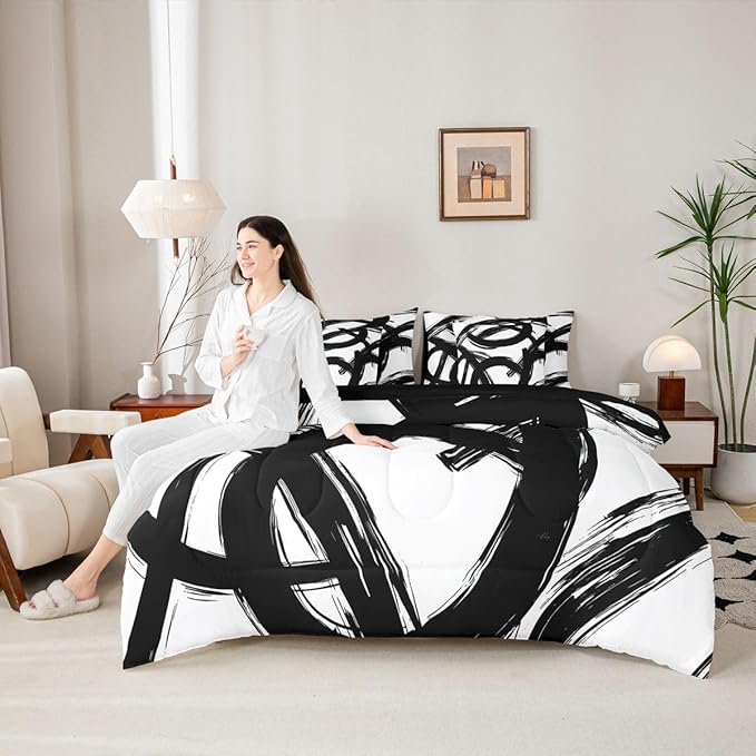 Erosebridal Black White Abstract 7 Piece Comforter Set Full Bed in A Bag Modern Graffiti Minimalist Line Bedding Set Simple Sketch Cool Unique Geometric Sheet Set Ink Painting Aesthetic Quilt