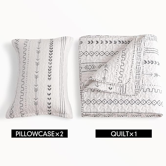 DURLENGEN 3Pcs Quilt Set King Size White,Soft Microfiber Lightweight Bedspread,Bohemian Design Geometric Pattern Coverlet for All Season Layering (106x96 inches, Boho White)