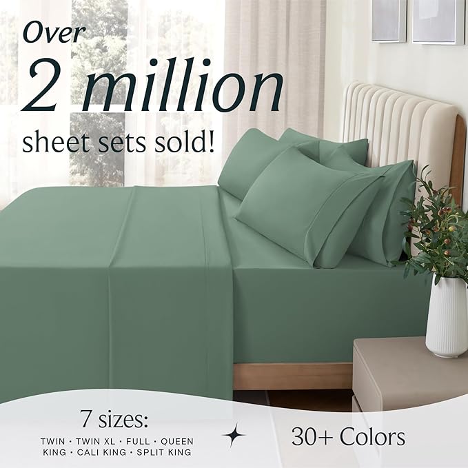 LuxClub 5 PC Split King Sheet Set, Breathable Luxury Bed Sheets, Deep Pockets 18" Eco Friendly Wrinkle Free Cooling Sheets Machine Washable Hotel Bedding Silky Soft - Tree Moss Green Split King
