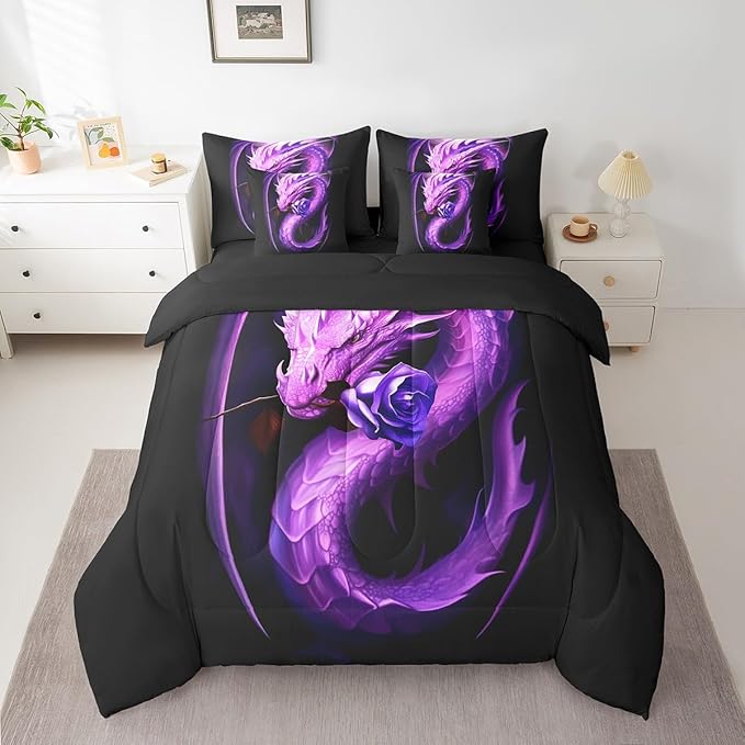 Erosebridal Gothic Dragon Bed in a Bag Queen Comforter Set 7 Piece,Purple Rose Bedding Sets Prehistoric Animal Flowers Sheet Set with Comforter