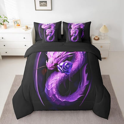 Erosebridal Gothic Dragon Comforter Set 7 Piece Bed in a Bag Twin,Purple Rose Bedding Sets Prehistoric Animal Flowers Sheet Set with Comforter