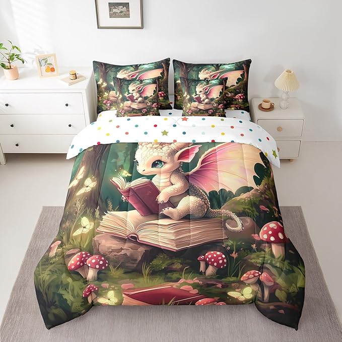 Magical Dragon Wildlife Comforter Set,Childlike Fairy Tale 7 Piece Bed Set King Size for Kids,Cute Jungle Mushroom Bed in a Bag Bedding Set with Comforter,Sheet Set,Pillowcases,Pillow Covers
