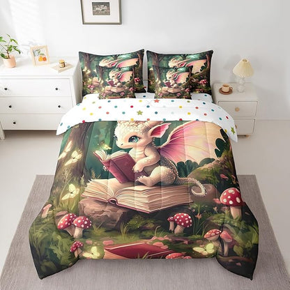 Magical Dragon Wildlife Comforter Set,Childlike Fairy Tale 7 Piece Bed Set King Size for Kids,Cute Jungle Mushroom Bed in a Bag Bedding Set with Comforter,Sheet Set,Pillowcases,Pillow Covers