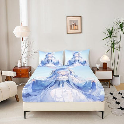 Erosebridal Traditional Japanese Fitted Sheet, Kawaii Decor Anime Girl Sheets, Blue Butterfly Decor Twin Bed Set, 1 Fitted Sheet 1 Pillowcase