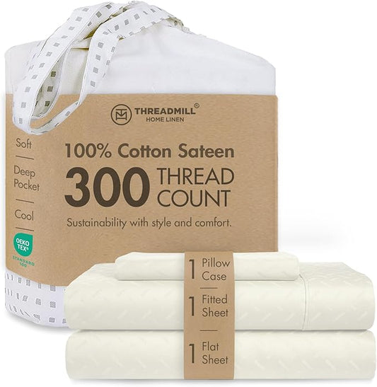 Threadmill Cotton Twin XL Sheet Set | 100% Cotton Sheets for Twin XL Size Bed | Damask Jacquard Sateen Twin XL Bed Sheets Set with 16” Deep Pocket | Soft Breathable 3-Piece Cooling Sheet Set | Ivory