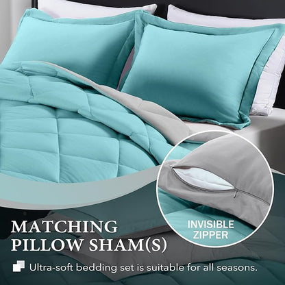 downluxe King Size Comforter Set - Turquoise and Grey King Comforter, Soft Bedding Sets for All Seasons -3 Pieces - 1 Comforter (104"x92") and 2 Pillow Shams(20"x36")