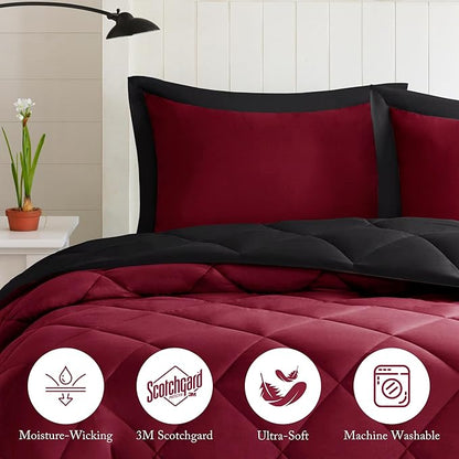 Madison Park Comforter Set, Reversible Down Alternative All Season Microfiber Bedding, 3M Scotchgard Stain Release, King/Cal King Dorm Comforter, Red/Black