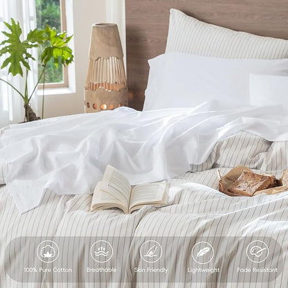 MooMee Bedding Sheet Set 100% Washed Cotton Linen Like Textured Breathable Durable Soft Comfy (Solid Bright White, Twin)