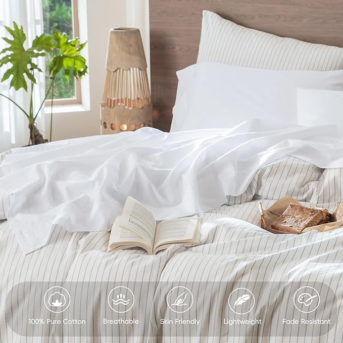 MooMee Bedding Sheet Set 100% Washed Cotton Linen Like Textured Breathable Durable Soft Comfy (Solid Bright White, California King)