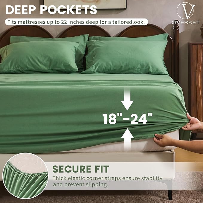 100% Linen Sheet Set Cal King Size Extra Deep Pocket Fits 18-24 Inch Mattress, Breathable & Soft, Smooth 4-Piece Set for Thick Mattresses Hotel Luxury Bedding（Cal King, Sage Green）