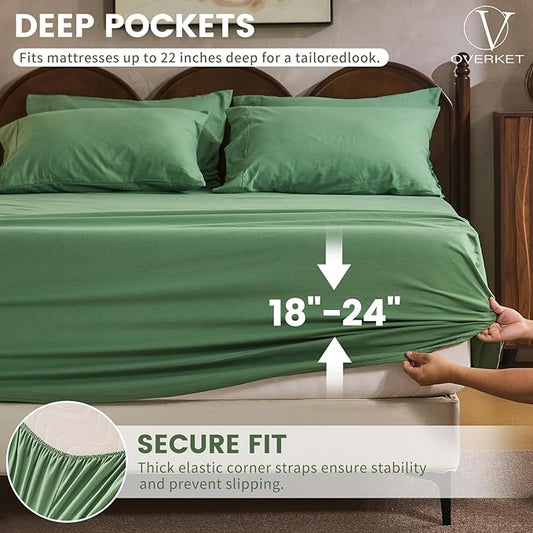 100% Linen Sheet Set King Size Extra Deep Pocket Fits 18-24 Inch Mattress, Breathable & Soft, Smooth 4-Piece Set for Thick Mattresses Hotel Luxury Bedding（King, Sage Green）