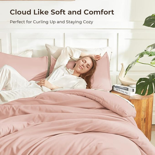 Litanika Pink Queen Size Comforter Set, 3 Pieces Blush Plain Bedding Comforter Set, All Season Bed Set (90x90In Comforter & 2 Pillowcases)