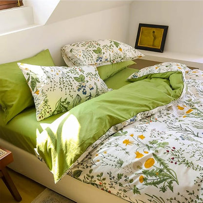 CLOTHKNOW Green White Floral Queen Comforter Set Farmhouse Bedding Comforter Sets Botanical Comforter with 2 x Pillow Cases