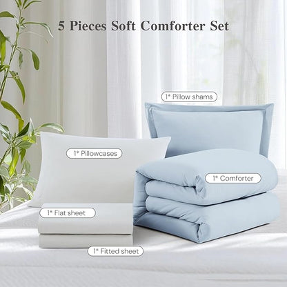 WRENSONGE Twin Comforter Set- 5 Pieces Ice Blue Twin Bed in a Bag, All Season Twin XL Bedding Sets with 1 Fitted Sheet, 1 Flat Sheet, 1 Pillow Sham and 1 Pillowcase