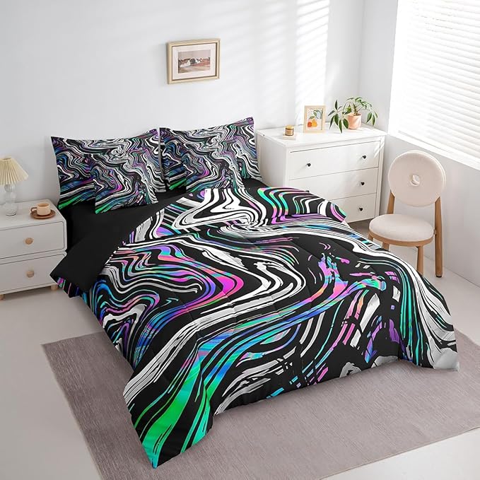 Neon Stripes Bedding Sets Colorful Gradient Geometric Lines Comforter Set for Kids Teens Adults All Season (Comforter Flat Sheet Fitted Sheet 2 Pillowcases 2 Throw Pillow Covers) Queen 7 Pcs