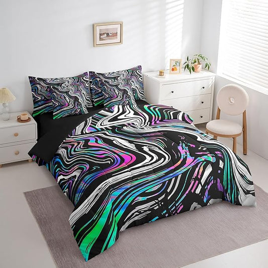 Castle Fairy 7 Pcs Neon Stripes Bedding Sets with Comforter,Flat & Fitted Sheet,Pillowcases,Pillow Covers Hippie Street Art Decorative Comforter Set for Kids Teens Adults Bedroom Dorm Bed Set King