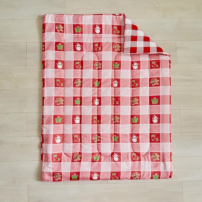 Christmas Toddler Bedding Set for Boys Girls Red White Plaid Colorful Holiday 4PC Toddler Bed Set - Cute Toddler White Bed in a Bag with Snowman Socks GIF Box