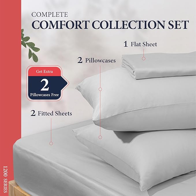Ashton Sheets 100% Egyptian Cotton Split King Sheets Sets for Adjustable Bed - Luxury 1200 Thread Count Split Head King Sheets Sets (Light Grey), Cooling, Sateen Weave 17" Deep Pocket Twin XL Sheet