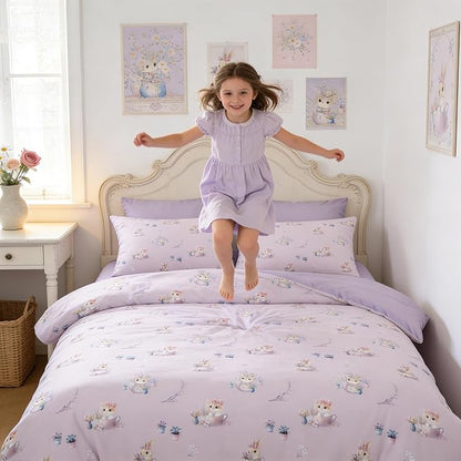 Taro Purple Queen Bed in a Bag for Girls, 5Pcs Floral Microfiber Comforter Botanical Bedding for Kids Bedroom Decor, Priness Girly Cat Kitten Comforter Set with 2 Pillowcases, 90"x90"