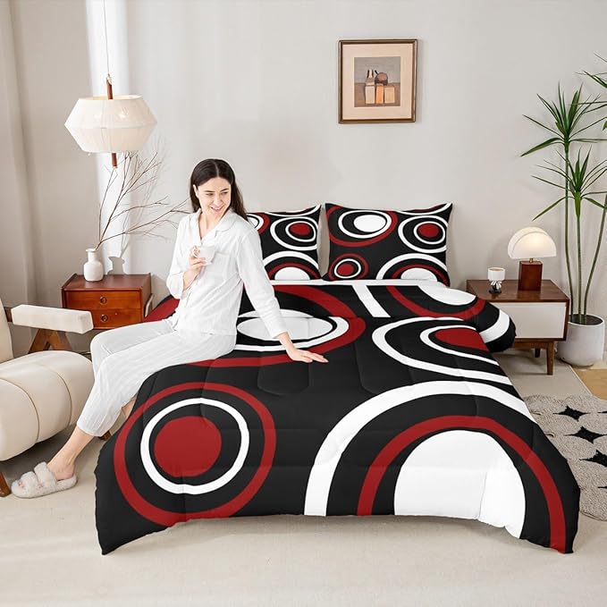 Erosebridal Red Black Striped King Bedding Set Modern Circle Abstract Comforter Set for Adult Women Men Contemporary Graffiti Lines Bed Collections Minimalists Aesthetic Boho Duvet Quilt Sets