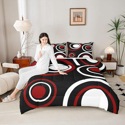 Erosebridal Red Black Striped Toddler Comforter Modern Circle Abstract Bedding Set Contemporary Graffiti Lines Duvet Insert Minimalists Aesthetic Boho Bed Sets