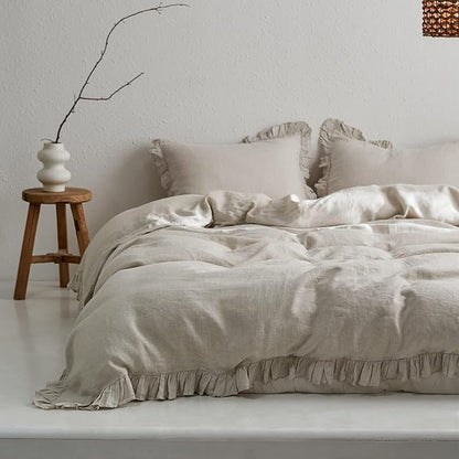 Simple&Opulence 100% Linen Duvet Cover Set, Natural French Flax Ruffle Duvet Cover Twin Size, Breathable Comfy Linen Bedding Comforter Cover with 1 Pillowcase (Natural Linen, 68" X 86")
