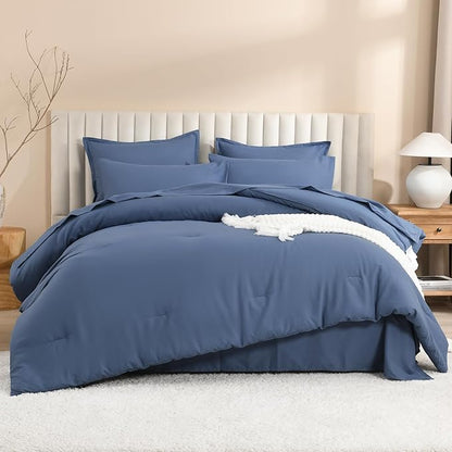 Litanika California King Comforter Set Ocean Blue - 7 Pieces Bed in a Bag Cal King Bedding Comforter Sets, Plain Lightweight Bed Set with Comforter, Sheets, Pillowcases & Shams