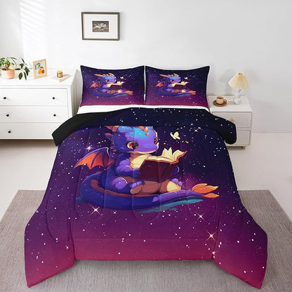 Lovely Dragon Comforter Set King Size Purple Black Ombre Galaxy Bedding Set Bedroom Decor Cartoon Dragon Book Quilt Set Dreamy Glittering Print Starry Duvet Insert with 2 Pillowcases