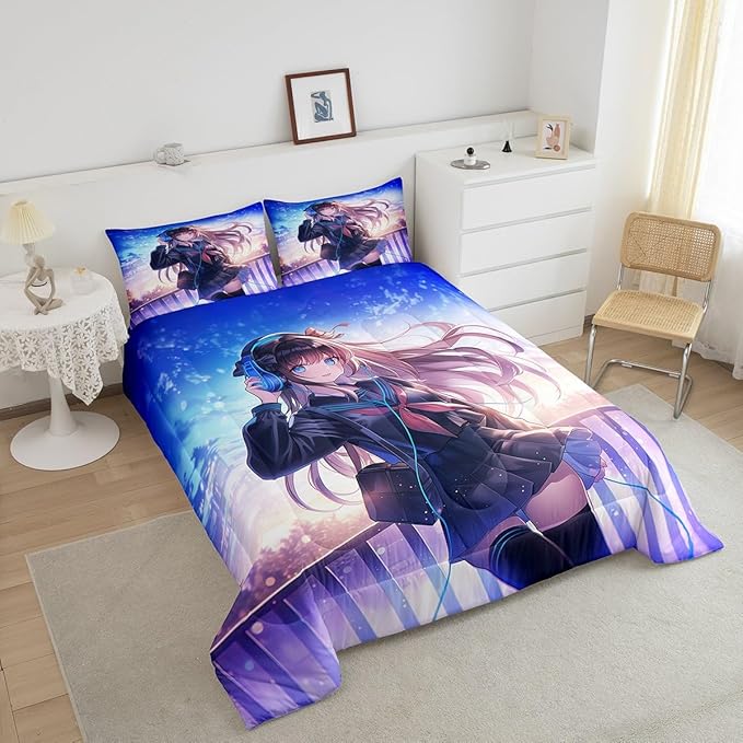 Erosebridal Anime Girl Bedding Set Queen Size, Japanese Anime Comforter Set for Kids Boys Teens Bedroom Decor, Cartoon Girl Duvet Insert Kawaii Japanese Animation Quilt with 2 Pillow Cases