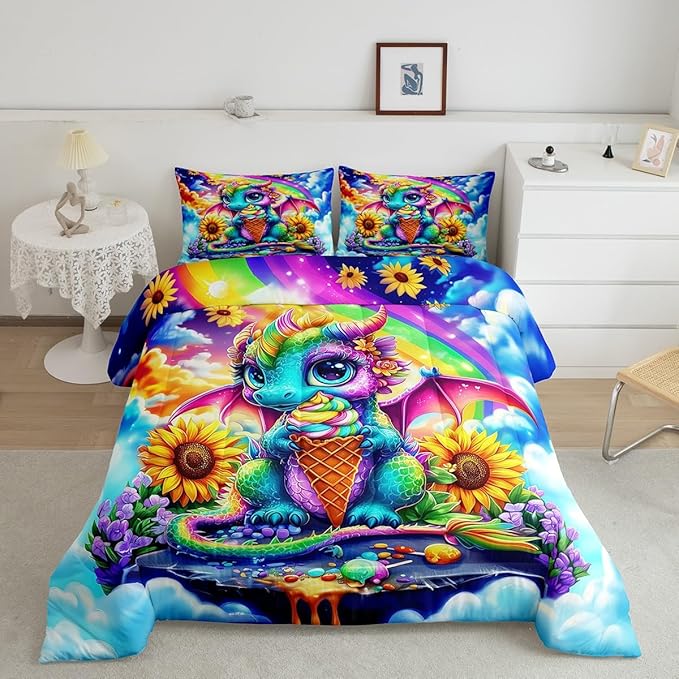 Cartoon Dragon Comforter Set Toddler Size 2 Pcs,Watercolor Sunflower Flowers Bedding Set,Ice Cream Dessert Colorful Sky Quilt Set for Child Bedroom,Duvet Insert,1 Pillowcase